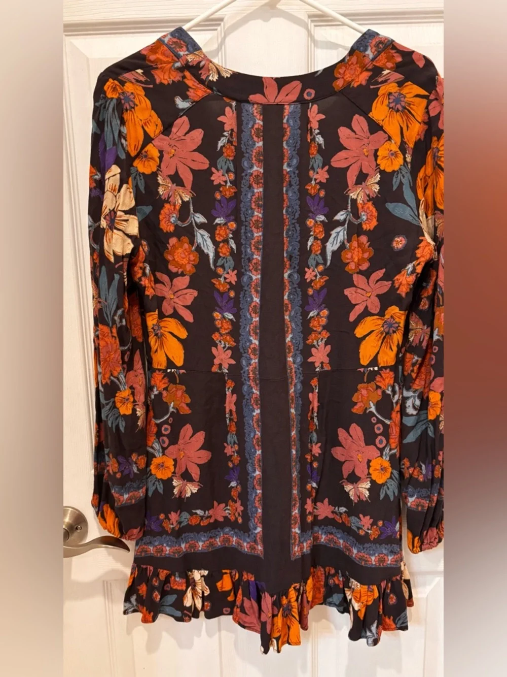 Free People Black Floral V-Neck Boho Tunic/Dress with Rust‎ & Orange Blooms